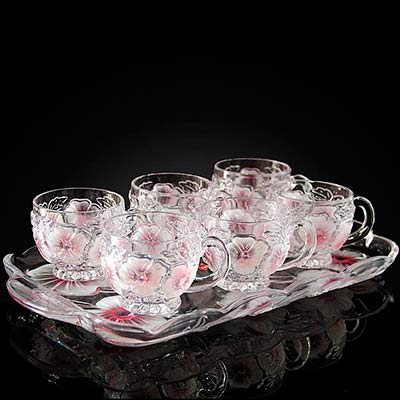 欧式创意时尚花型水晶玻璃水具7件套咖啡杯托盘